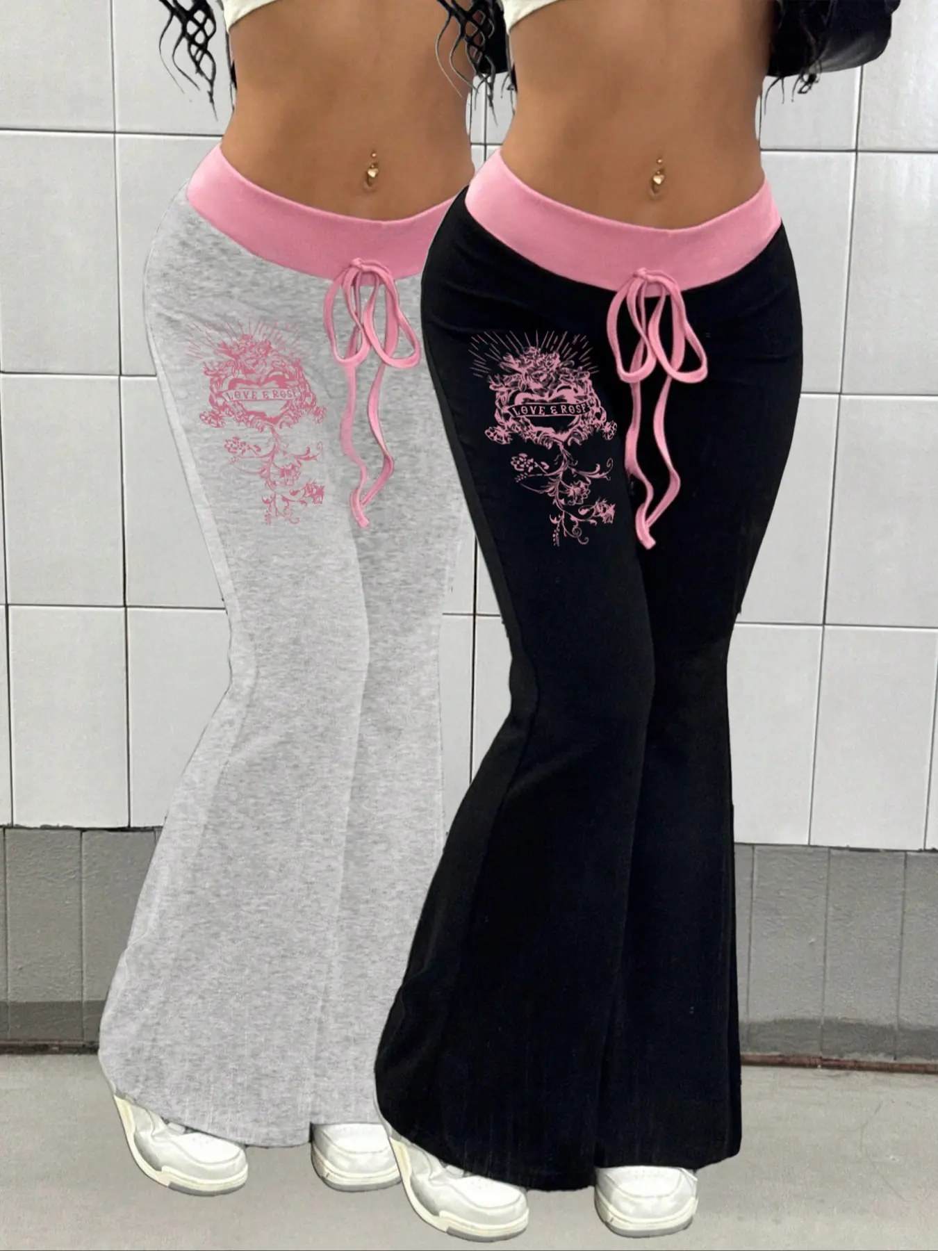Women's Knitted Colorblock Print Bell Bottom Pants, Bohemian Bottom, Boho Clothes, Fashion Casual Punk Style Long Trousers Set, Slim-Fitting All Seasons Wear