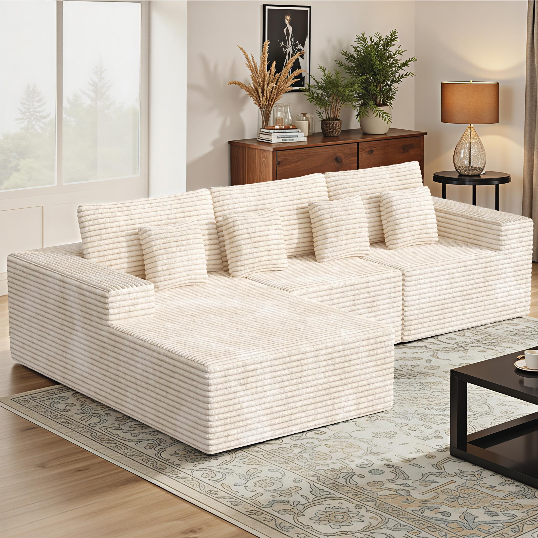 【Shipped in Two Packages】111" L-Shaped Corduroy Modular Sectional Sofa With Chaise, Deep Seat Foam Couch With Removable Pillows, No Assembly