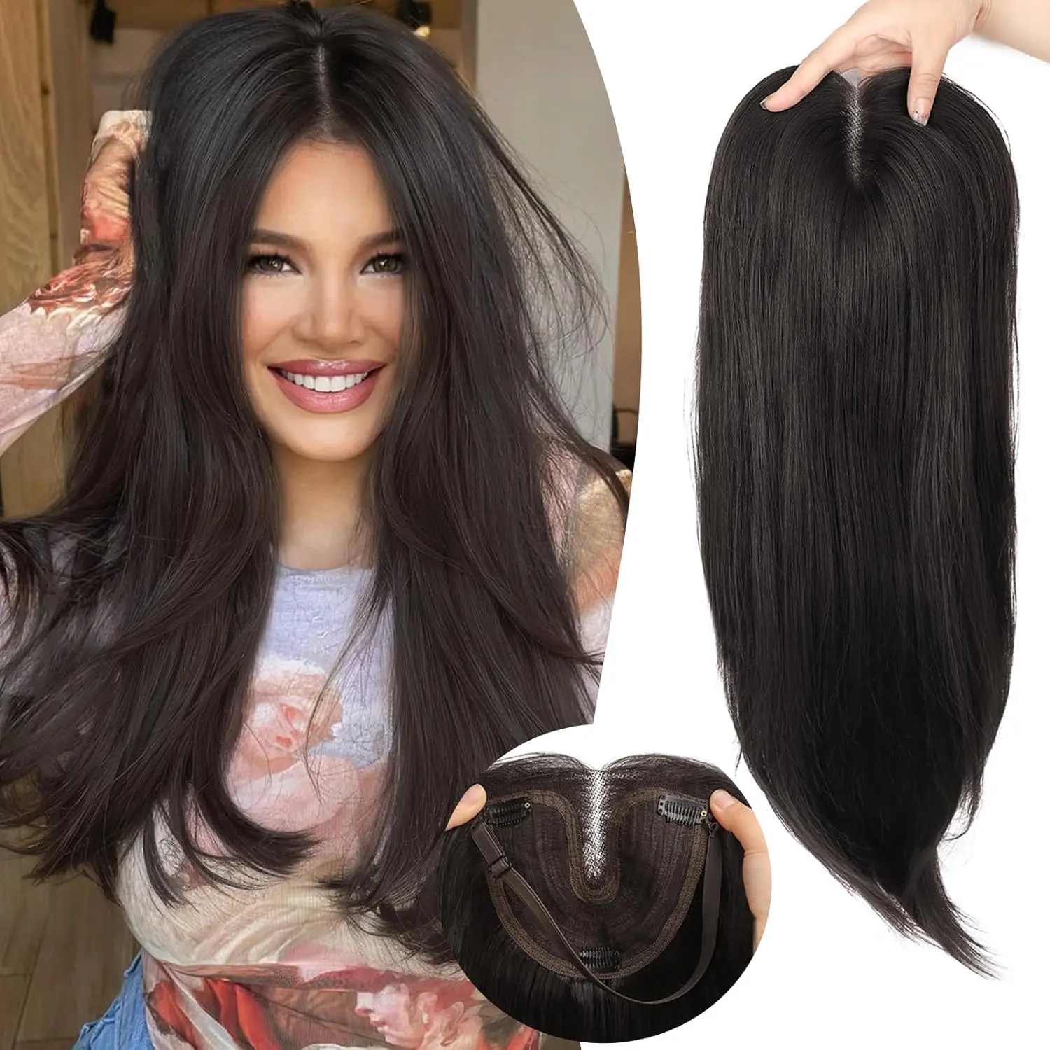 [AISI HAIR] Women's Natural Black Clip-In Hair Topper, 3D 360° Coverage Wispy Bangs, 24-Inch Long Layered, Upgraded Adjustable Bandage, Clip-In Topper Synthetic Extensions & Pieces, Glueless Front Hairline Synthetic Extensions & Pieces