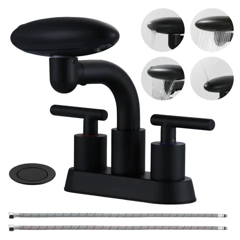 WOWOW Modern 4-in Centerset Matte Black Waterfall Stainless Steel Bathroom Faucet - 2-Handle Tap with Popup Drain, 24-in Supply Lines, 360° Rotational Spout, 4-in Multi-Mode Water Function, Precise Dual-Handle Control for Vanity Countertop Sinks, Waterfal