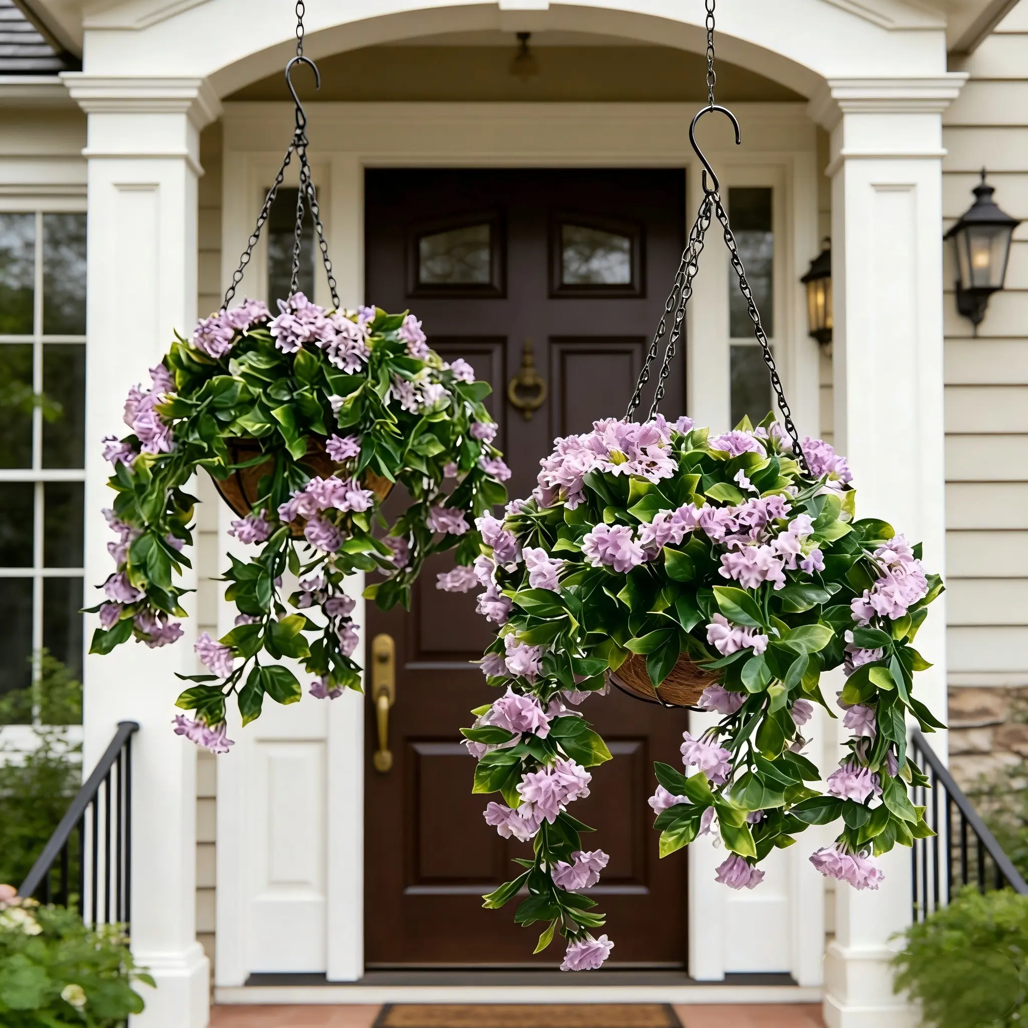 15" Faux Crepe Myrtle Hanging Baskets (Set of 2), UV-Resistant Outdoor Artificial Plants, Decorative Flower Baskets for Porch, Patio