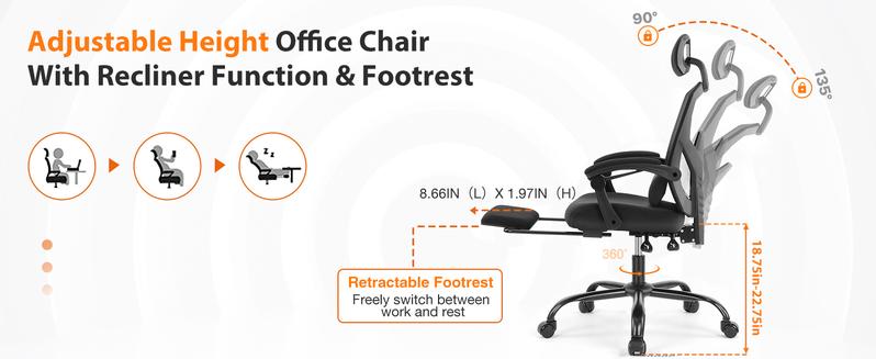 Height Adjustable High Back Ergonomic Office Chair with Lumbar Pillow & Retractable Footrest,  Padded Armrests and Adjustable Headrest
