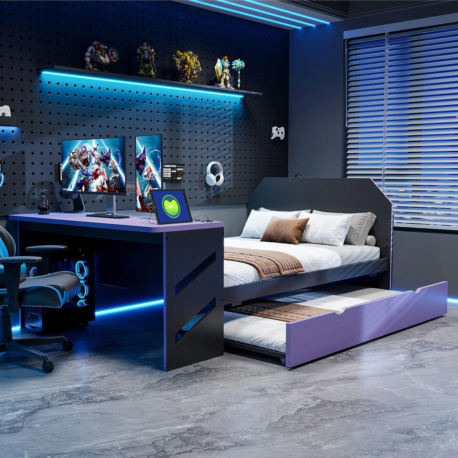 Full Size Wood Daybed Frame with Trundle, Desk, Charging Station and Space-Saving Design