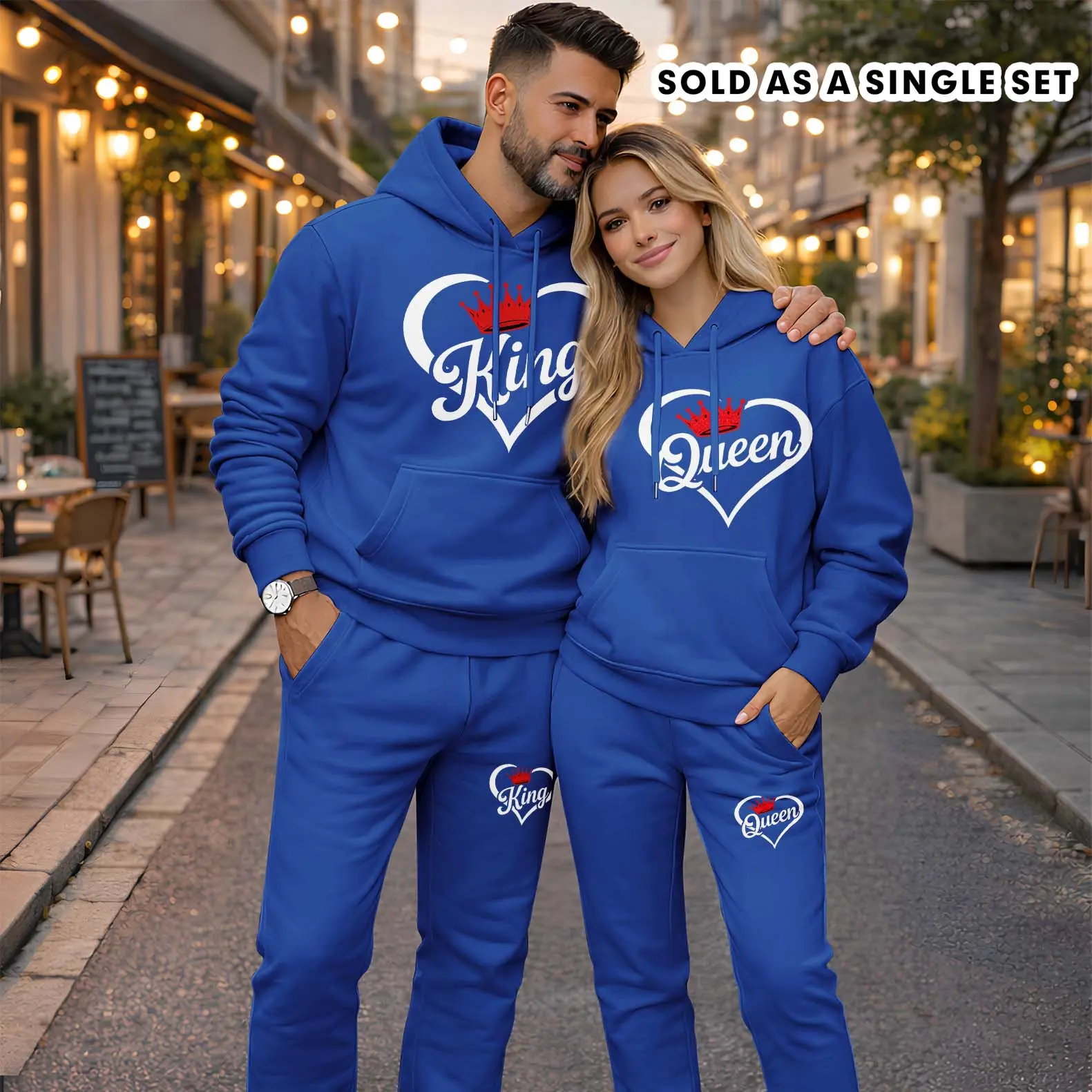Men's 2-Pcs Minimalist King Queen Print Polyester Tracksuit Set - Long Sleeve Hooded Sweatshirt, Drawstring Sweatpants, Casual Athletic Mensfashion Clothes for Autumn, Winter Wear