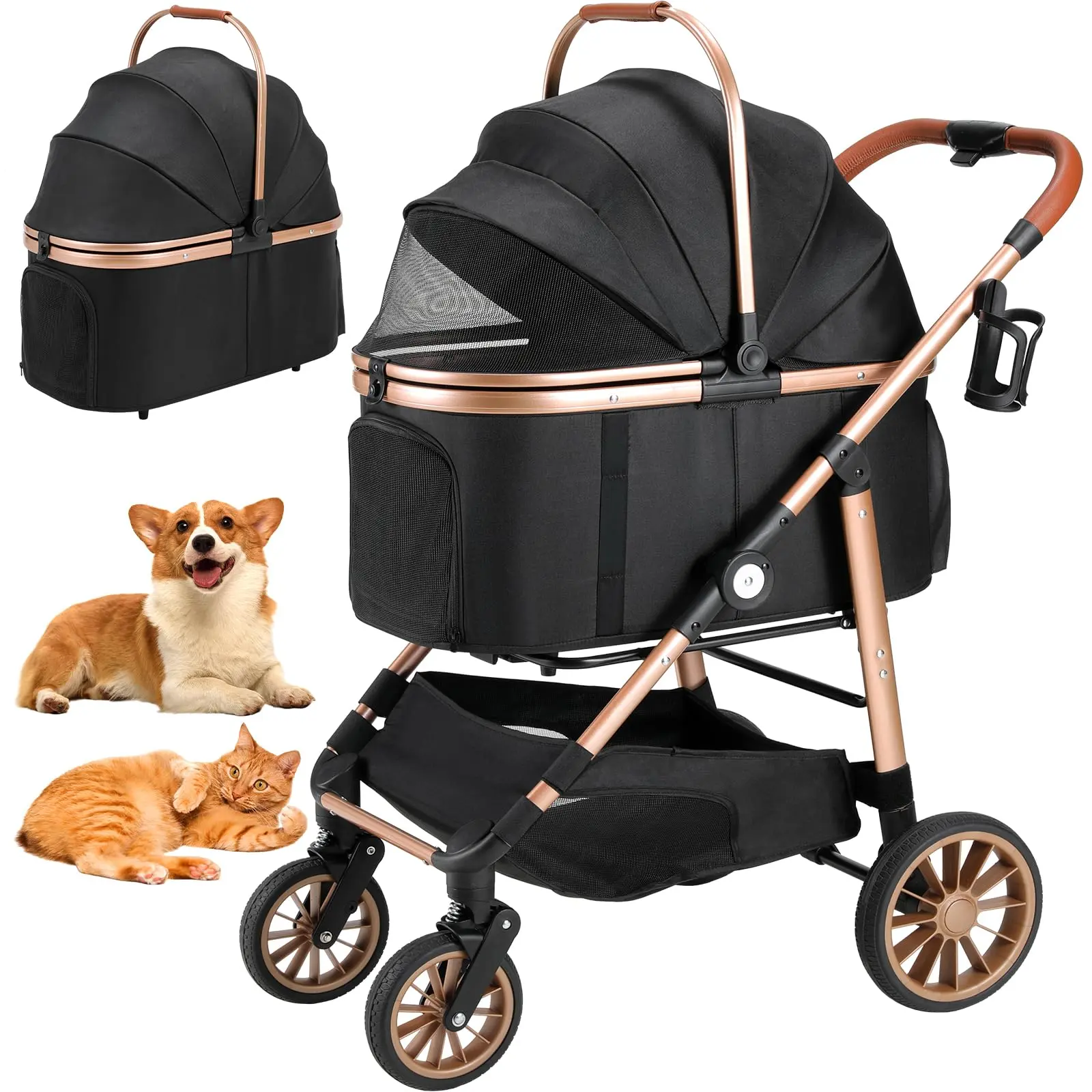 【backtoschool】LIFERUN 3-in-1 Dog Stroller for Medium Dogs and Cats Up to 55 lb, All-Terrain Pet Stroller with Detachable Carrier, Rubber Wheels, One-Click Folding, Storage Basket and Cup Holder, Convertible Pet Carrier and Car Seat for Senior Pets, Natura