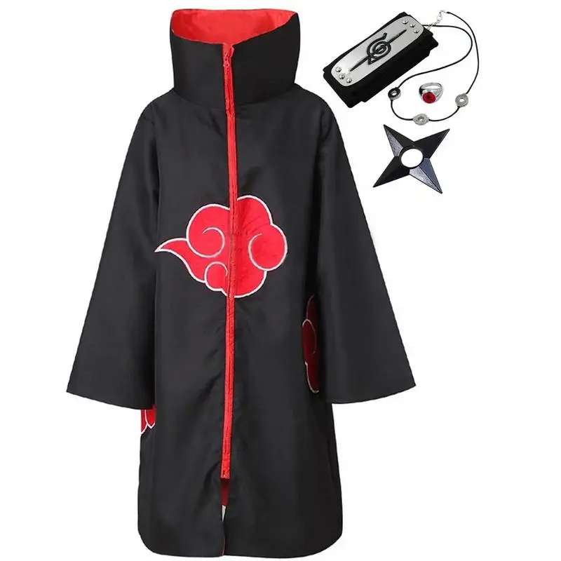 Naruto Akatsuki Itachi Cotton Costume, Kids-Adult Long Black Robe Cape with Costume Accessories for Halloween Carnival Cosplay