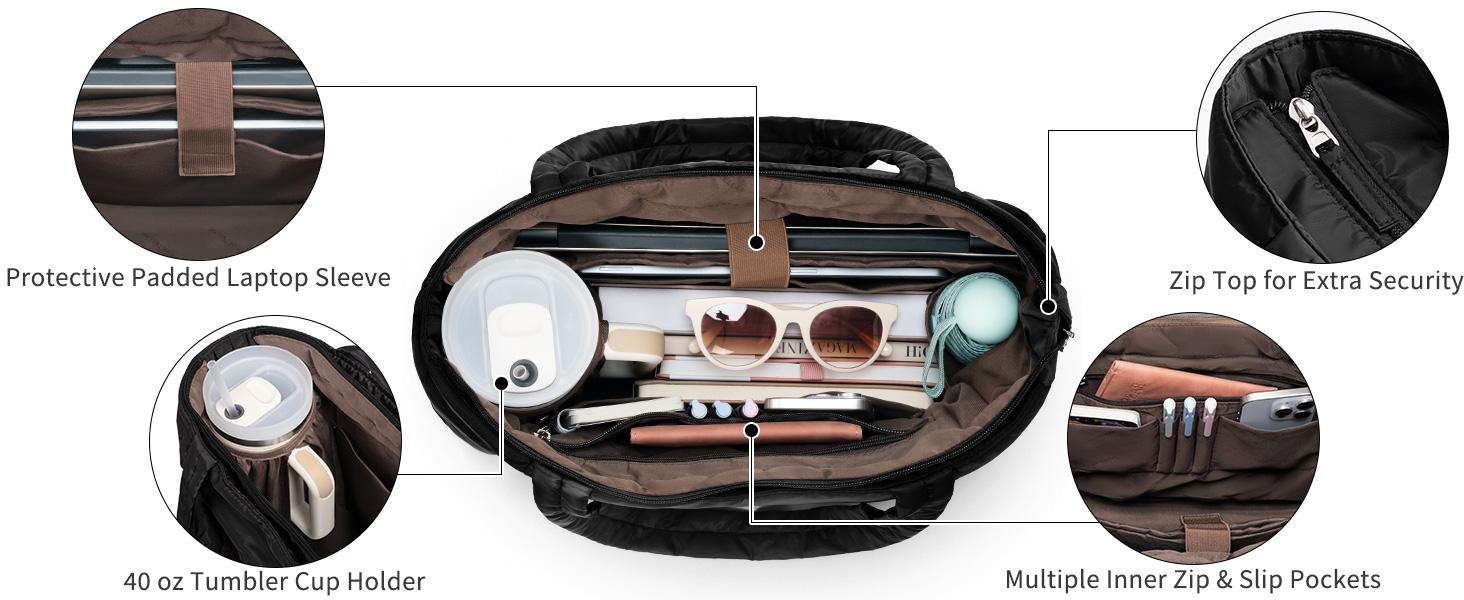 Bagstellar Puffer Tote Bag for Women with Makeup Bag, Large Work Tote Laptop Bag, Lightweight Travel Tote Bag with Zipper Gifts for Women Teacher Nurse Quilted Shoulder Bag for School Gym