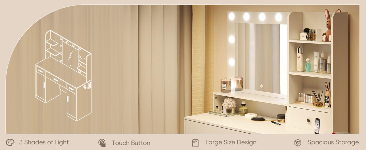 Vanity Desk with Adjustable Lighten Mirror & Power Outlet, Makeup Desk for Bedroom with a Storage Stool and 3 Drawers, 6 Storage Shelves, White Dresser for Girls Vanity Desk with Adjustable Lighten Mirror & Power Outlet, Makeup Desk for Bedroom with a Storage Stool and 3 Drawers, 6 Storage Shelves, White Dresser for Girls