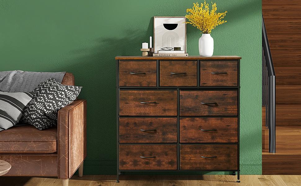 [Summer Deal] 9-Drawer Dresser, Storage Unit Organizer Chest for Clothes, Tall Dresser & Chest for Bedroom, Hallway, Living Room, Wood Top Cabinets Organizing