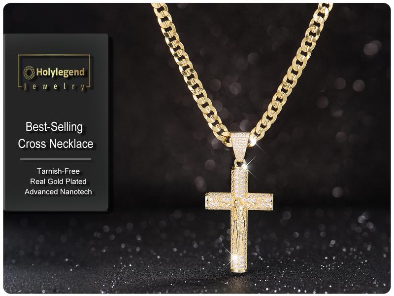 Holylegend 14K Real Gold-Plated Cross Necklace for Men, Advanced Nanotech Tarnish-Free Rope Miami Cuban Figaro Chains with Jesus Crucifix Pendant, 24” Long , Christian Religious Jewelry Gift