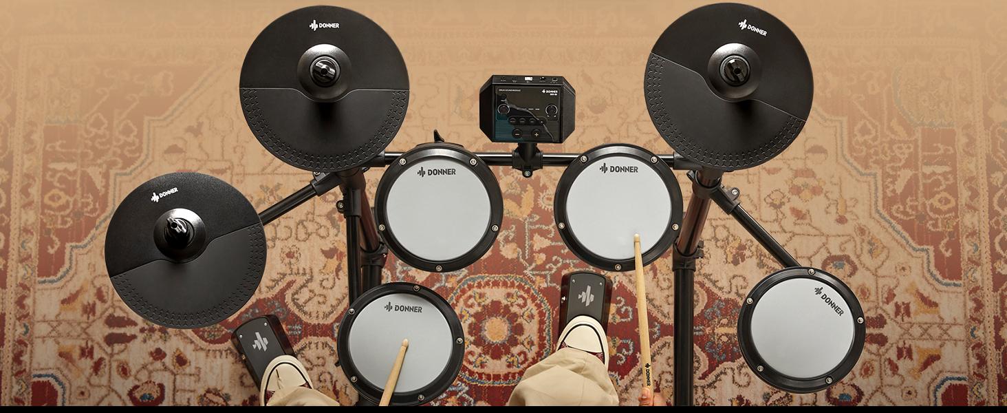 Donner DED-80 Electronic Drum Set, Electric Drum Set for Beginner with 4 Quiet Mesh Drum Pads, 2 Switch Pedal, 180+ Sounds, Throne, On-Ear Headphones, Sticks, and Melodics Lessons Included Black