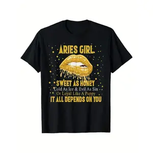 Aries Zodiac Birthday Gift T-Shirt for Women - Retro Lips & Stars Graphic Tee with Sweet as Honey Quote, Short Sleeve Round Neck Casual Shirt for Running & Casual Attire, Machine Washable Black Gift