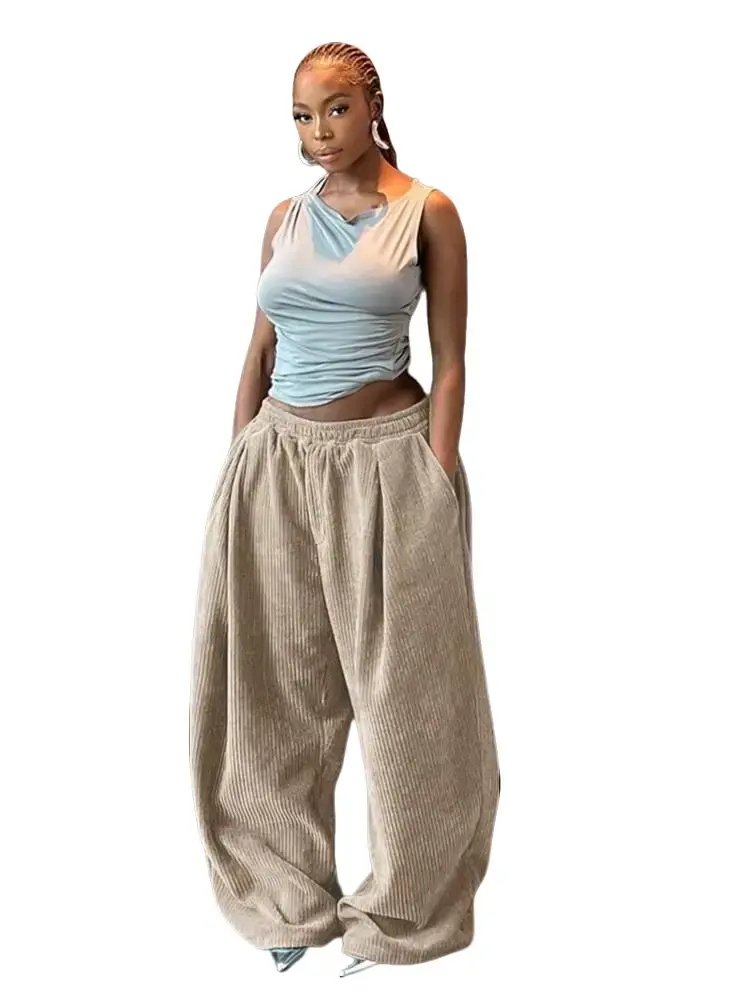 Lebellanova Women's High-Waisted Oversized Ribbed Loose Maxi Pants - Polyester, Basic Casual Clothes, Chic, Comfortable, Warm Bottoms