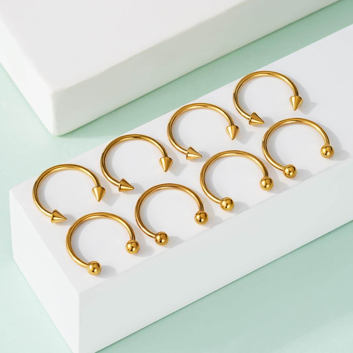 Oufer 8PCS Horseshoe Septum Nose Piercing Ring 316L Stainless Steel Silver Black Gold 8mm 10mm 12mm Hypoallergenic Classic Ball Closures Bold Spike Designs