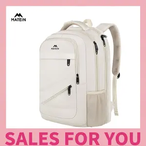 MATEIN Laptop Backpack for Women, Large Capacity Travel Bag with Luggage Strap, Water-Resistant College Teacher Backpack Fits 17 Inch Laptop, Stylish Beige Work Daypack