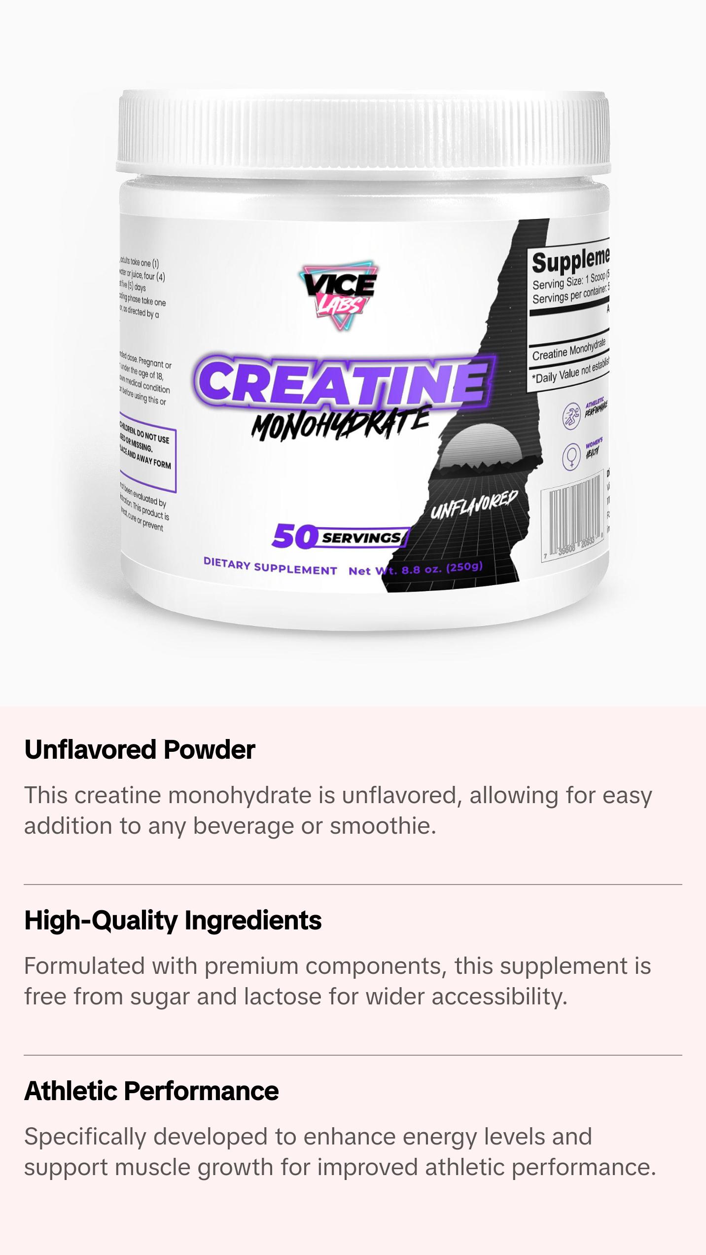 Vice Labs Creatine Monohydrate - Unflavored - Strength, Recovery ...