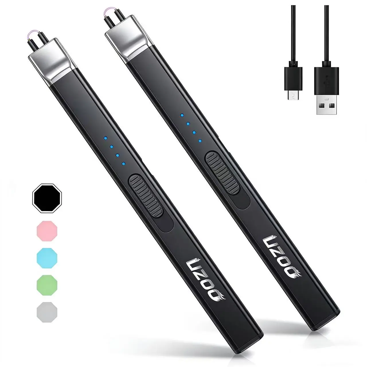 Deep Black 2-Pack Long Electronic Lighters with 4-LED Power Check, Portable Rechargeable Arc Lighters, Windproof for Cooking & Outdoor Use, Electronic Lighter