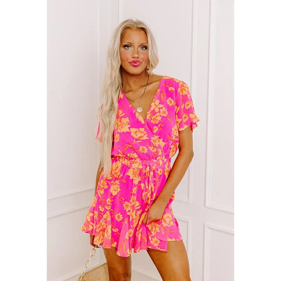 Sassy And Sweet Floral Romper In Neon Pink