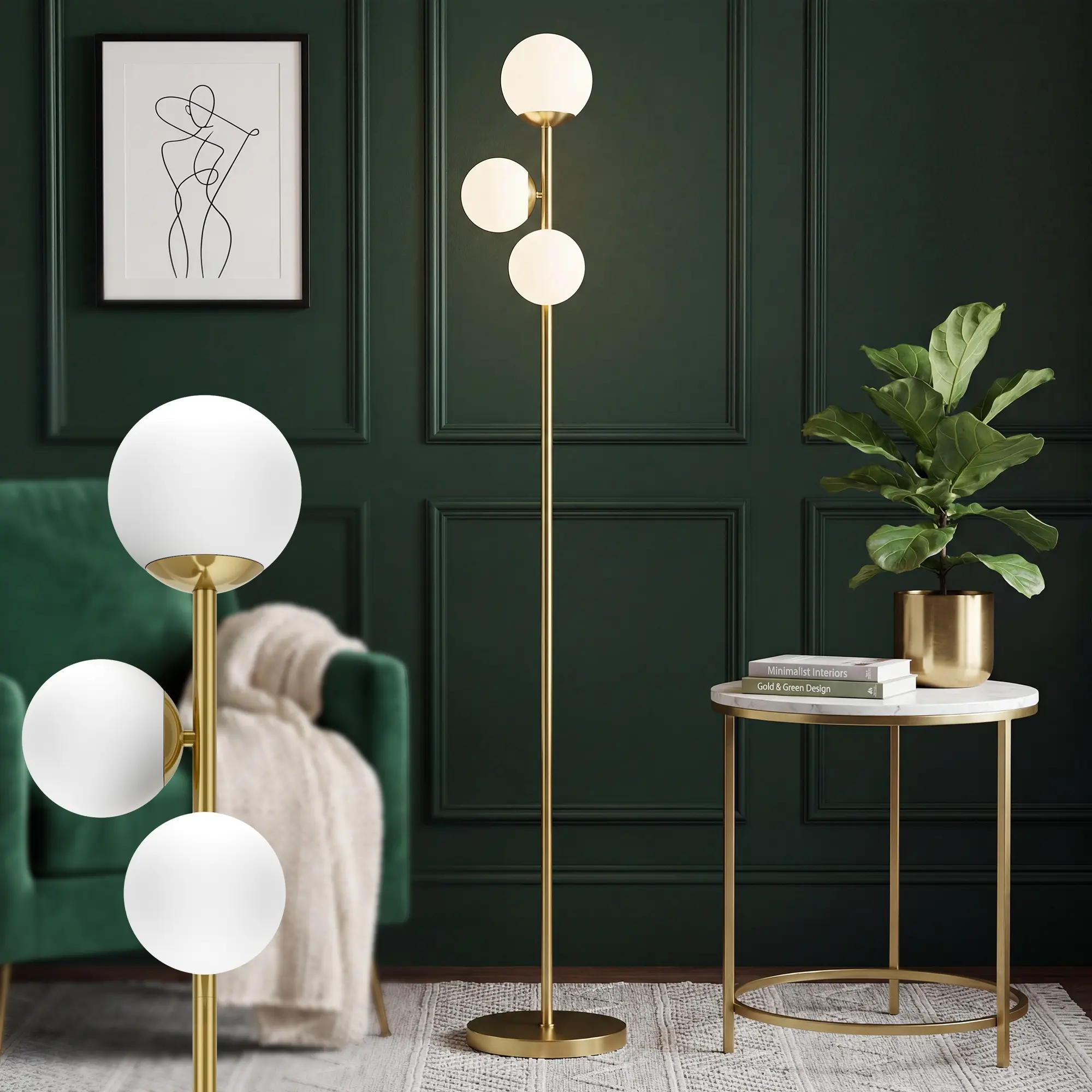 3 Globe Gold Floor Lamp, Modern Minimalist Standing Lamp with White Frosted Glass Shades, Multi-Light Tall Floor Light for Bedroom, Living Room, Entryway