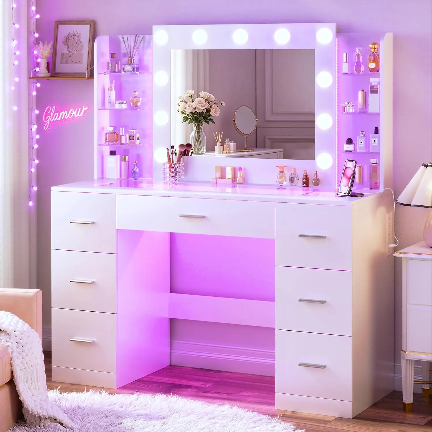 Vanity Desk with Mirror and Hollywood Lights, Makeup Vanity 6 Backlit Open Shelves with Frosted Panel & RGB Light, Transparent Top, Power Outlet, 7 Drawers & Storage Organizer for Bedroom