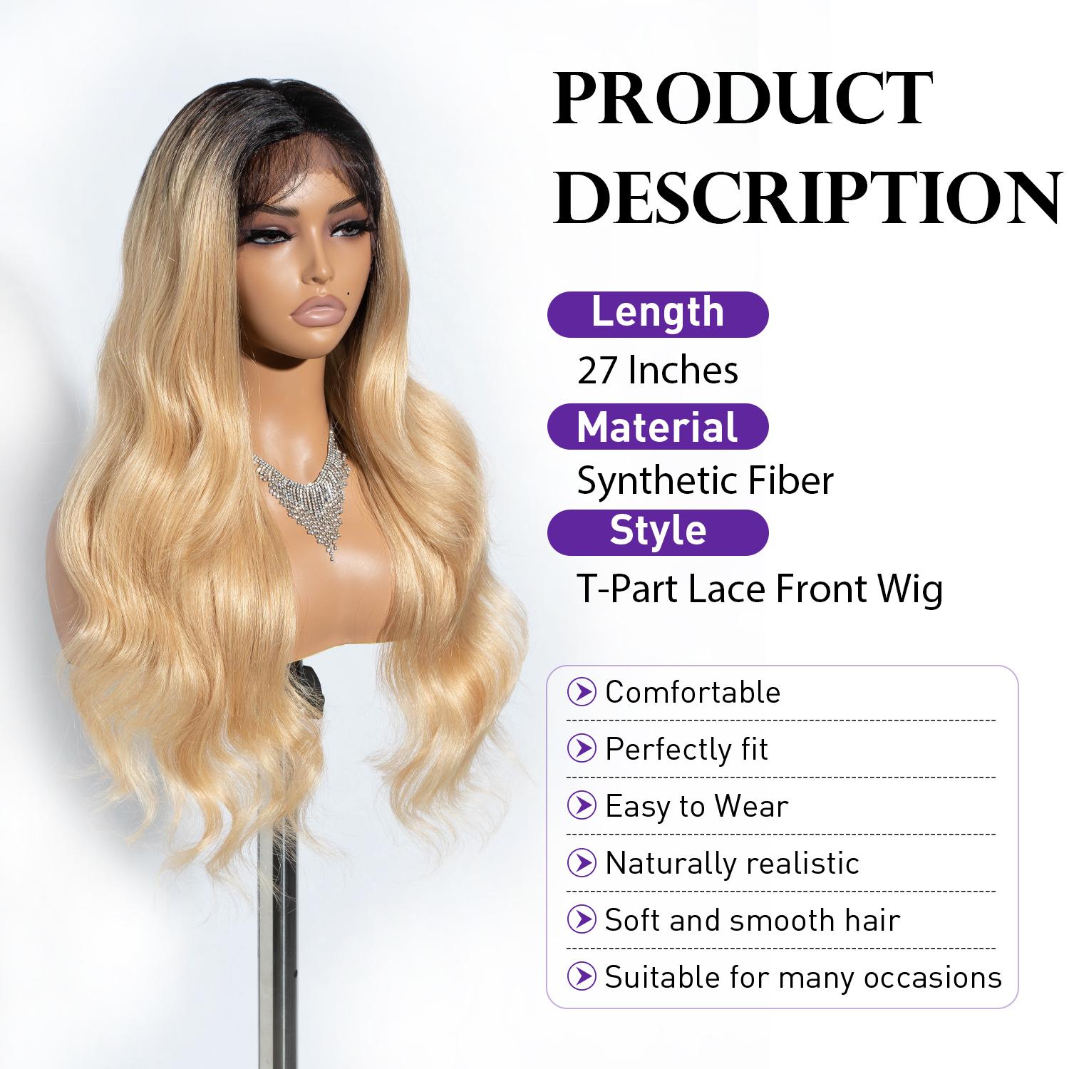 27 Inch Lace Long Wavy Wig Middle Lace Part Synthetic Wigs For Black Women