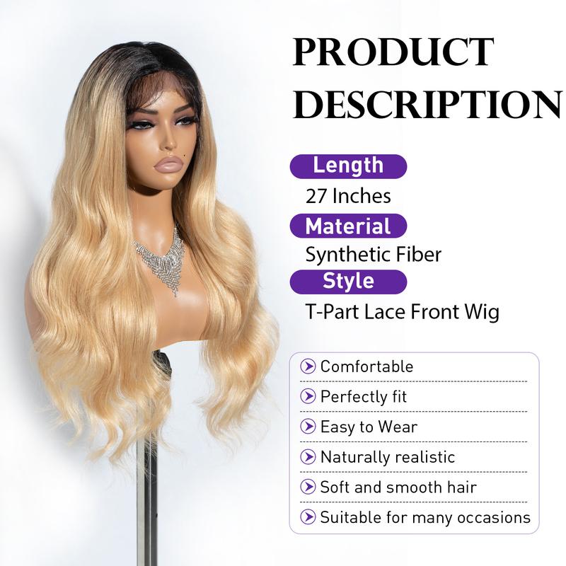 27 Inch Lace Long Wavy Wig Middle Lace Part Synthetic Wigs For Black Women