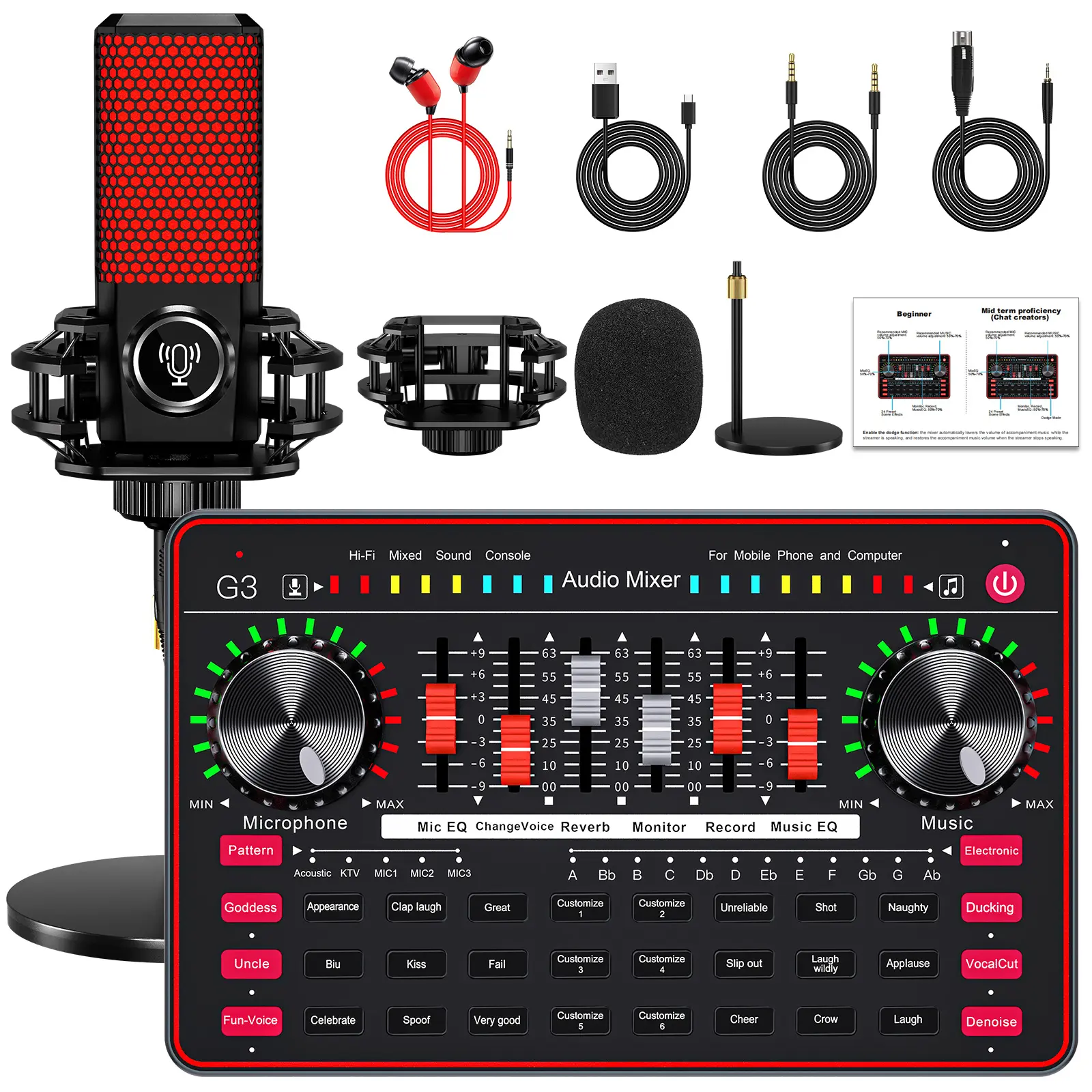 Tenlamp G3-Q8 Podcast Microphone bundle Live Sound Card Streaming Audio Mixer, Podcast Equipment with Voice Changer/Audio Interface for Live Streaming/Singing/Content Creation, with Voice Effects Soundboard