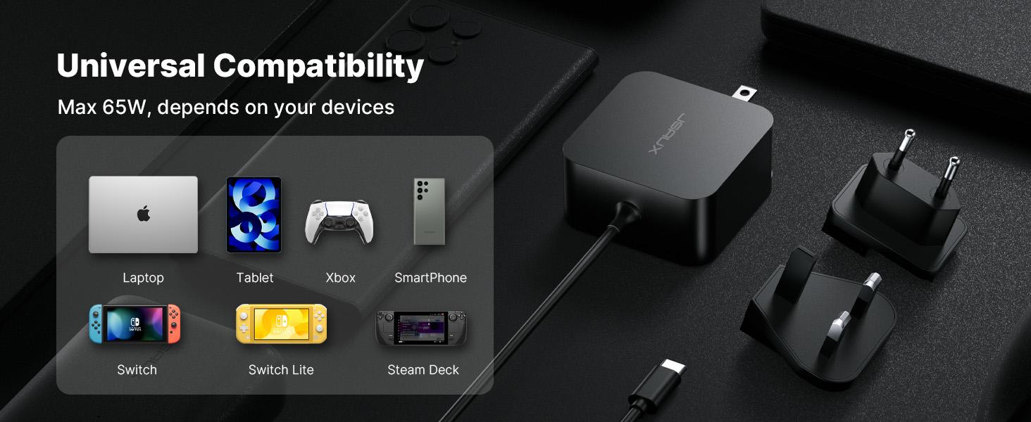 JSAUX 65W USB C Charger with 10FT Cable, Fast Wall Charger for ROG Ally, Steam Deck, MacBook Pro/Air, Chromebook, Huawei Matebook, Dell, Lenovo, ASUS, and more.