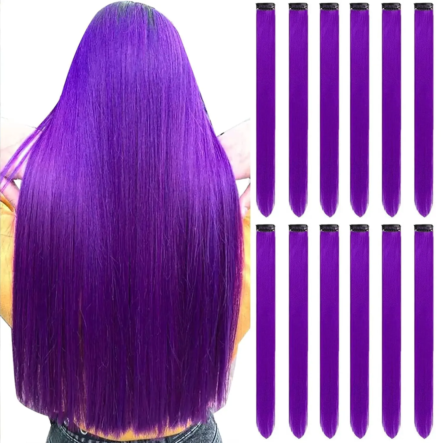 12 Pack Clip in Hair Extensions for Girls, 22-Inch Straight Purple Heat-Resistant Synthetic Fiber for Party & Costume Highlights, Clip Hair Extensions, Party Look, Easy To Use, Diy Colorful Hair