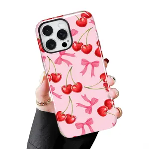 Cute Cherry Bow Magnetic Phone Case Pink Aesthetic Glossy Protective Cover with Camera Protection for iPhone 17 16 15 14 13 Pro Max