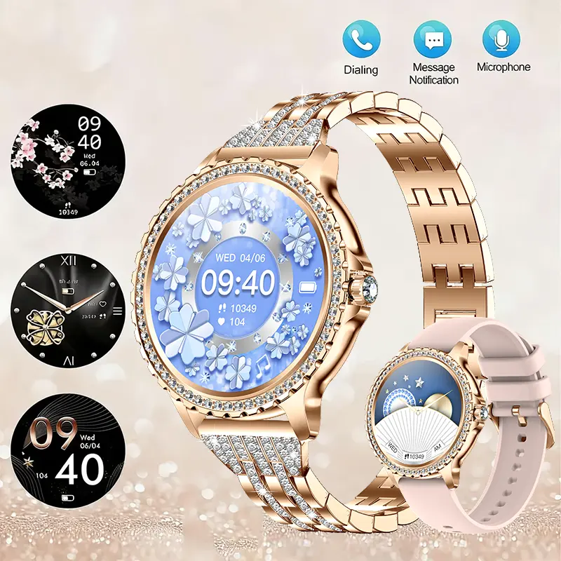 IP68 Rose Gold Women’s Smart Watch with Diamond-Studded Dial & Diamond Strap, 1.32” HD Full Touchscreen, Bluetooth Call Answer or Reject, Sleep & Step Tracker, 100+ Sport Modes, AI Voice Assistant, USB Charging, Extra Strap, Smart Watch for Android