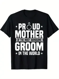 Men's Proud Mother of the Groom Graphic T-Shirt - 100% Cotton Black & White Wedding Shirt with Ring & Wedding Band Design, Crew Neck Short Sleeve Tee for Weddings, Mother's Day,, Easter, Music Festival, Mother's Day Gifts