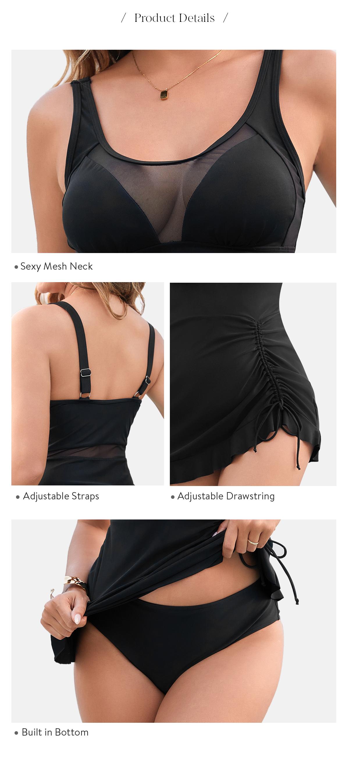 Chicovar Boutiques Women's 2 Piece Swimsuits, Floral & Plain Options, Tummy Control Mesh Neck Swim Dress with Drawstring, High Waisted Bikini Bottoms, Perfect for Beach, Pool & Vacation