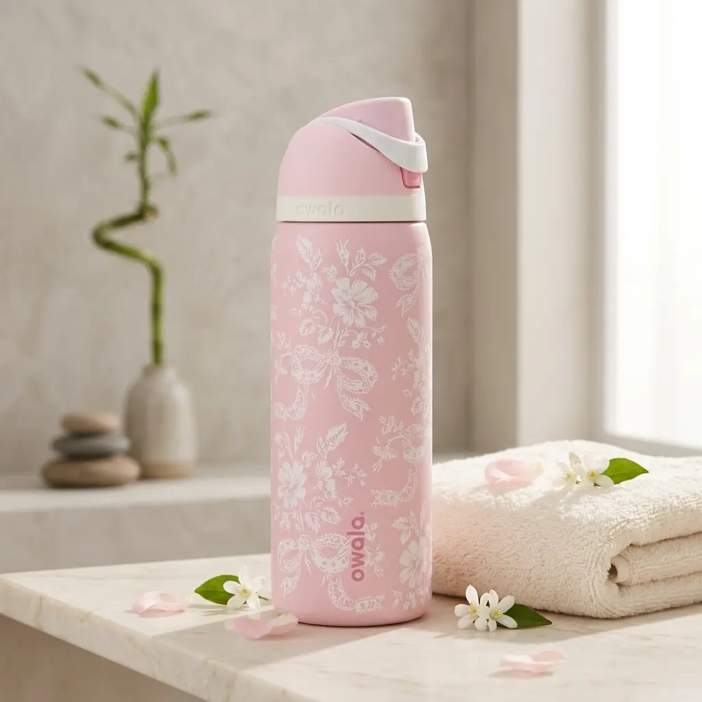 Owala FreeSip 32oz Ribbon Toile Water Bottle Pink Bow Floral Design Owala FreeSip 32oz Ribbon Toile Water Bottle Pink Bow Floral Design