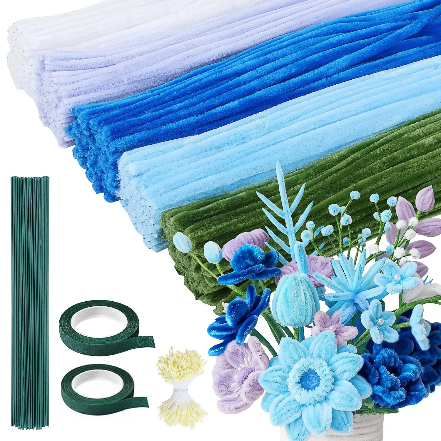 500 Pcs Assorted Color Bulk Chenille Stems Pipe Cleaners Kit with Floral Wires, Gardening Tape & Stamen for DIY Flower Making, Bouquets, Decoration, Diy Decoration, Diy Bouquets