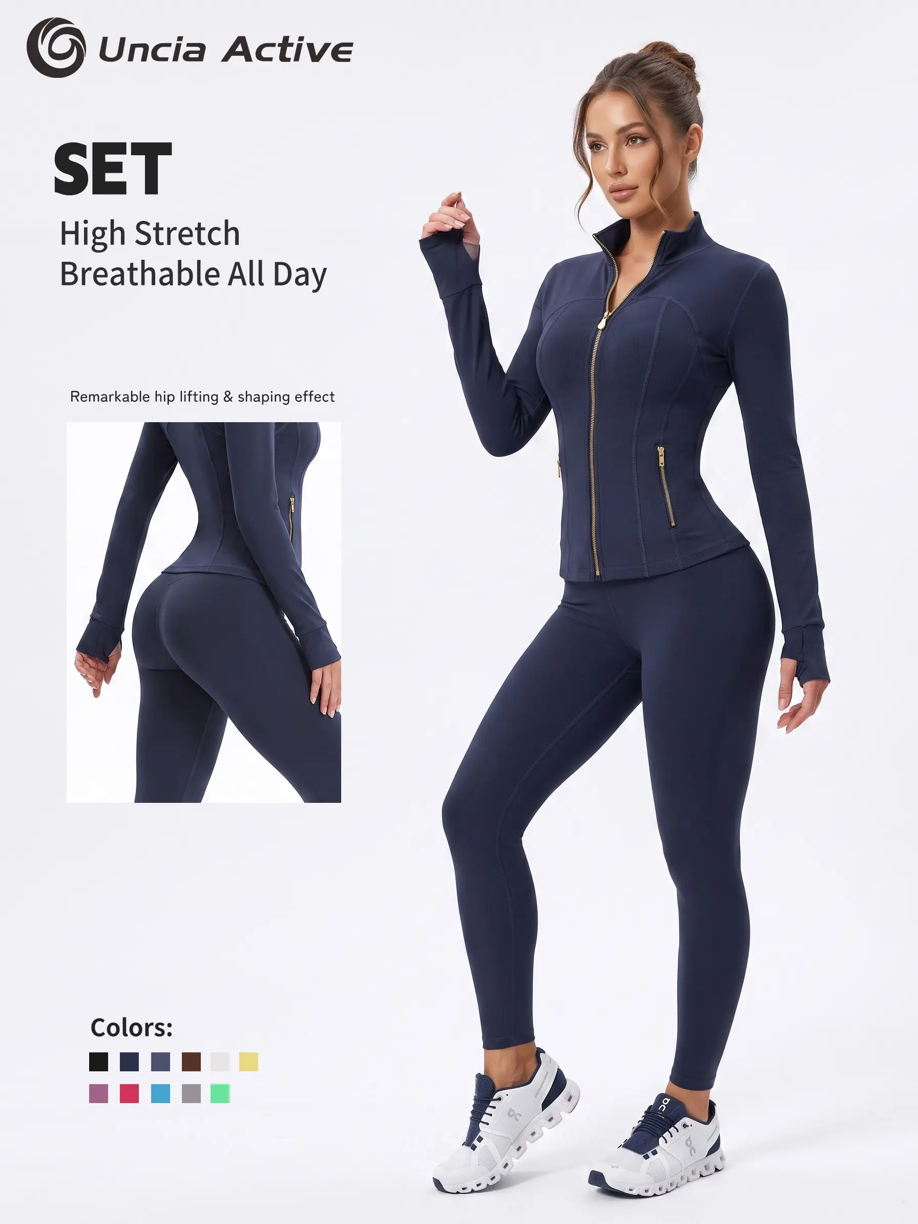 Uncia Active Women Gold Zipper Slim Yoga Jacket with Thumb Hole Stand Collar, High Waist Stretch Workout Leggings, Mix & Match Separable Sports Outfit for Gym Yoga Daily Commute, 2 Piece Sets, Women's Clothes,back to school,back to school haul