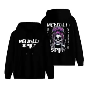 Mentally Spicy Hoodie Sassy Skull with Purple Messy Bun and Skeleton Hands Funny Unisex Sweatshirt with Handle With Care Vibes for Spicy Souls Black Long Sleeve Pullover Spooky