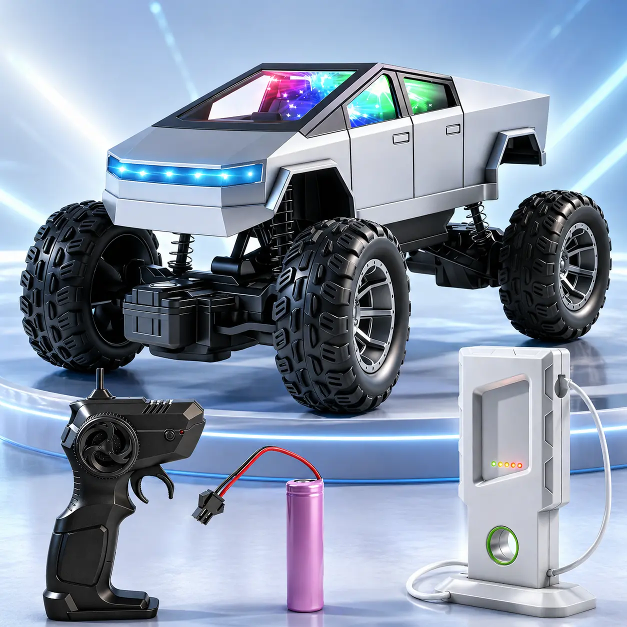 Cyber RC Monster Truck for Kids, 4WD Remote Control Off Road Car with 2.4GHz Control, LED Lights and Rechargeable Battery