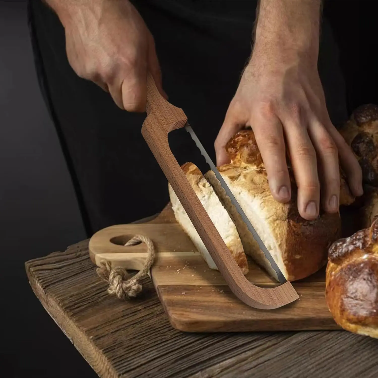 16" Wooden Kitchen Bread Slicer with Bowl Design - Premium Stainless Steel Serrated Blade Knife for Homemade Bread, Bagels
