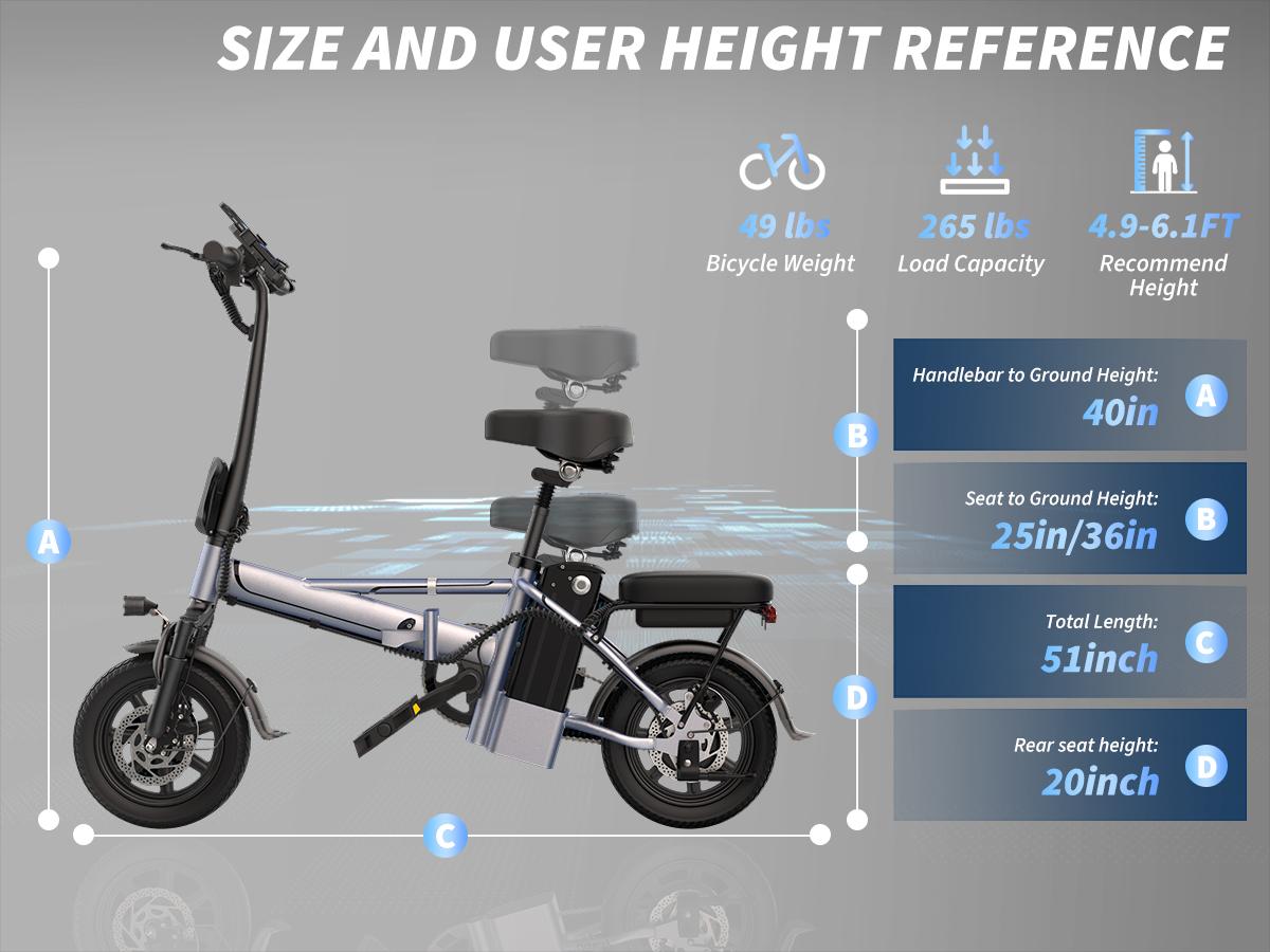 US 2025 Electric Bike for Adults 48V 10.4/15.6 Ah Folding Electric Bike 35/55 Mile Range 750W Peak Motor Up to 22 MPH, 14" 2 Seater Electric Bicycle with Multi-Shock Absorption, E-Bikes for Commute, Smart APP