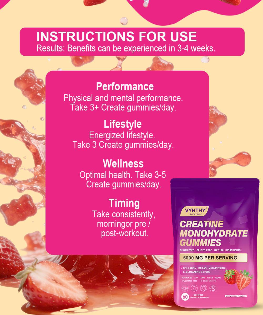 VYHTHY Creatine Monohydrate Gummies – Supports Energy, Cognitive Health & Post-Workout Muscle Recovery  For Women