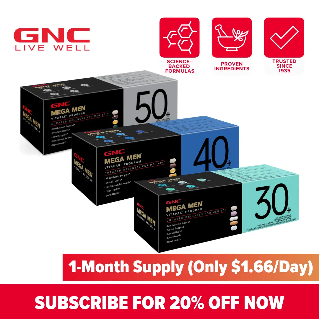 GNC Age-Based Vitapaks Program for Men - 30+/40+/50+ Daily Packs for Overall Wellness with Multivitamin, Stress Support, Beautiful Skin, Bone Health & Omega-3s, Fitness