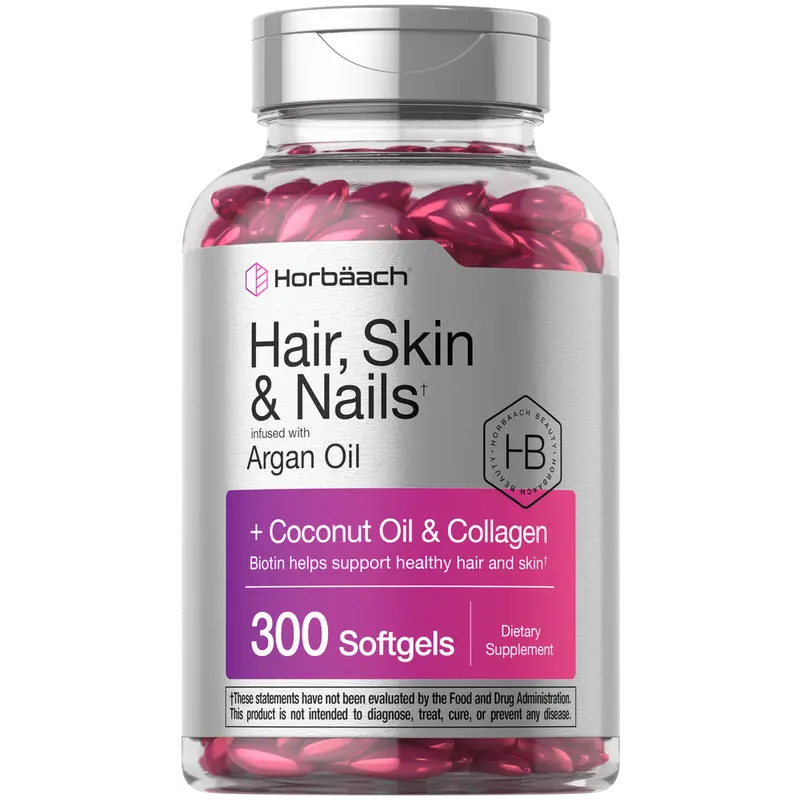 Horbäach Hair Skin and Nails Vitamins | 300 Softgels | with Biotin and Collagen | Infused with Argan Oil and Coconut Oil | Non-GMO, Gluten Free Supplement