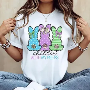 EasyCare Cotton Casual Round Neck Short Sleeve T Shirt with Easter Bunny Artwork and Chill With My Peeps Graphic Ideal Summer Wear Made in Usa