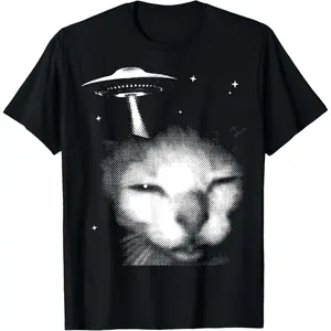 Cotton Graphic Tees Streetwear Gifts Alien Cat Meme UFO Vintage Graphic Tee Y2K Funny Silly Cat T-Shirt,Casual Summer T-Shirt with Crew Neck,viral graphic tees