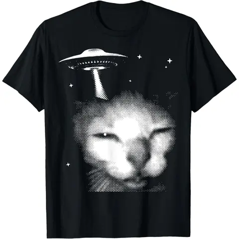 Men's Shortsleeve Round Neck Regular Fit Moisture Absorbent Cotton Casual Tshirt - Alien Cat Meme UFO Vintage Graphic Meme Shirts, Streetwear Gift for Men