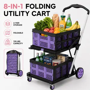Premium 8-in-1 Folding Utility Cart with Wheels, 2-Tier Collapsible Rolling Shopping Cart, Heavy Duty Portable Grocery Basket with Handle, Large Capacity Cart for Groceries, Laundry, Camping, Travel, Picnic and Home Organization