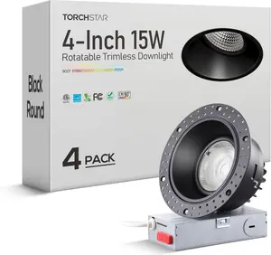 TORCHSTAR 5CCT Trimless 4 Inch 15W Gimbal LED Recessed Light, Ceiling Canless Dimmable LED Downlight, 2700K-5000K Selectable, Black (4 Pack)