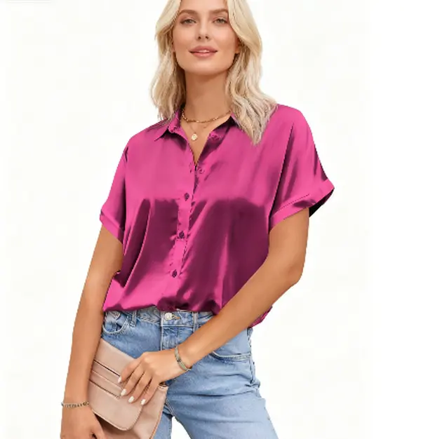 Women’s Silk Button Down Shirts for Women Satin Short Sleeve V Neck Casual Work Office Blouse Tunic Tops Lightweight & Breathable Fabric Classic Design Elegant Fit