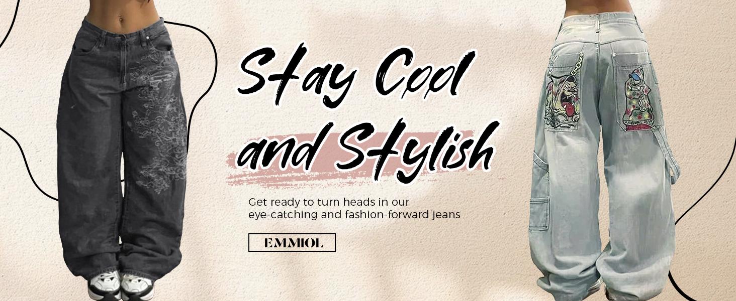 EMMIOL Women Hip Hop Baggy Jeans Wide Leg Mid-Low Waist Jeans Loose Boyfriends Jeans 90s Vintage Denim Pants casual comfy Black Womenswear